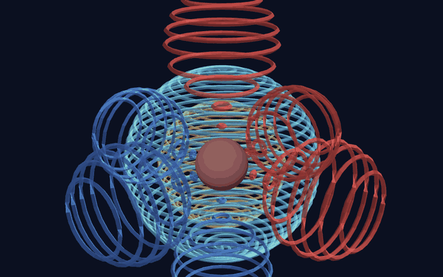 The camera orbits the atom and the p-orbital lobes swing past the nucleus, their nodal planes opening and closing with the angle