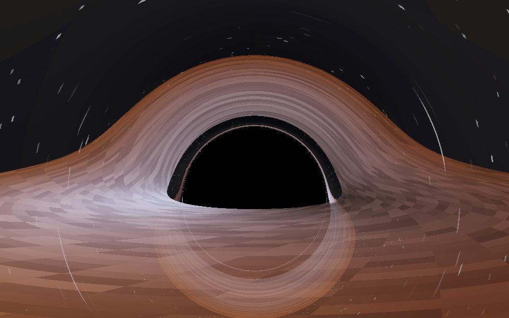 A Schwarzschild black hole in mojulo's live world: the accretion disk lensed into arcs above and below the central shadow, the photon ring hugging its edge