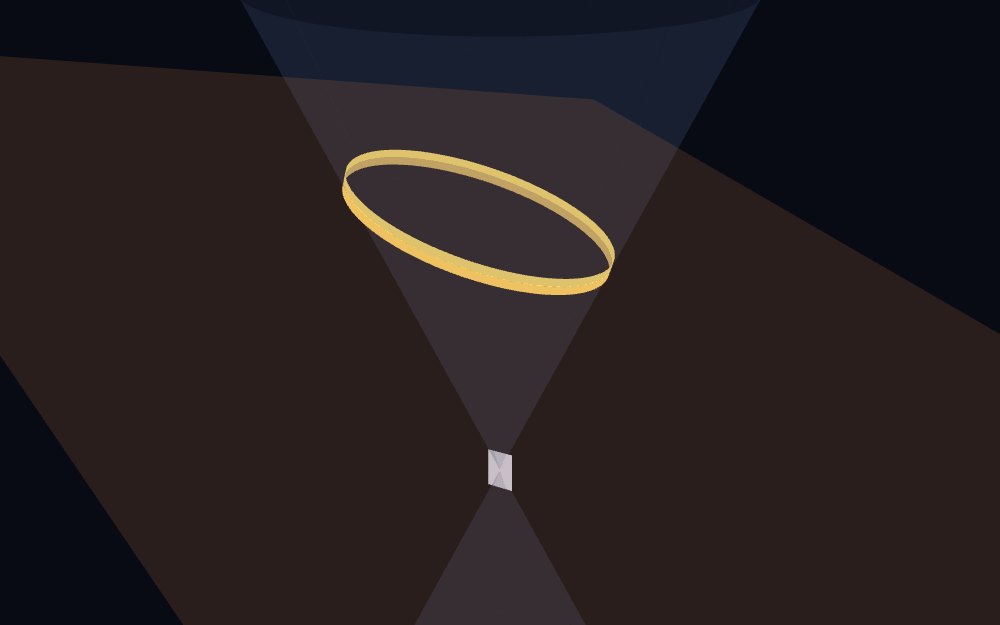 Conic Sections in mojulo's live world — A translucent double cone and a flat cutting plane, orbited together: tilt the plane and the bright curve where they meet turns from circle to ellipse to parabola to hyperbola, which is where those four curves come from.