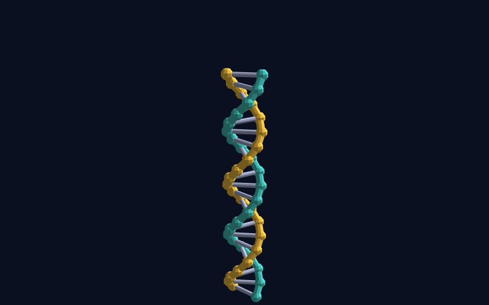 DNA Double Helix in mojulo's live world — A DNA double helix with real geometry and real chirality — author it from an actual base sequence and watch the complementary strand write itself, at B-DNA proportions you can check.