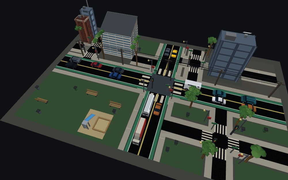 A generated city block in mojulo's shaded view: two crossing streets with cars and trees, a park with benches, and a five-story building on the corner lot