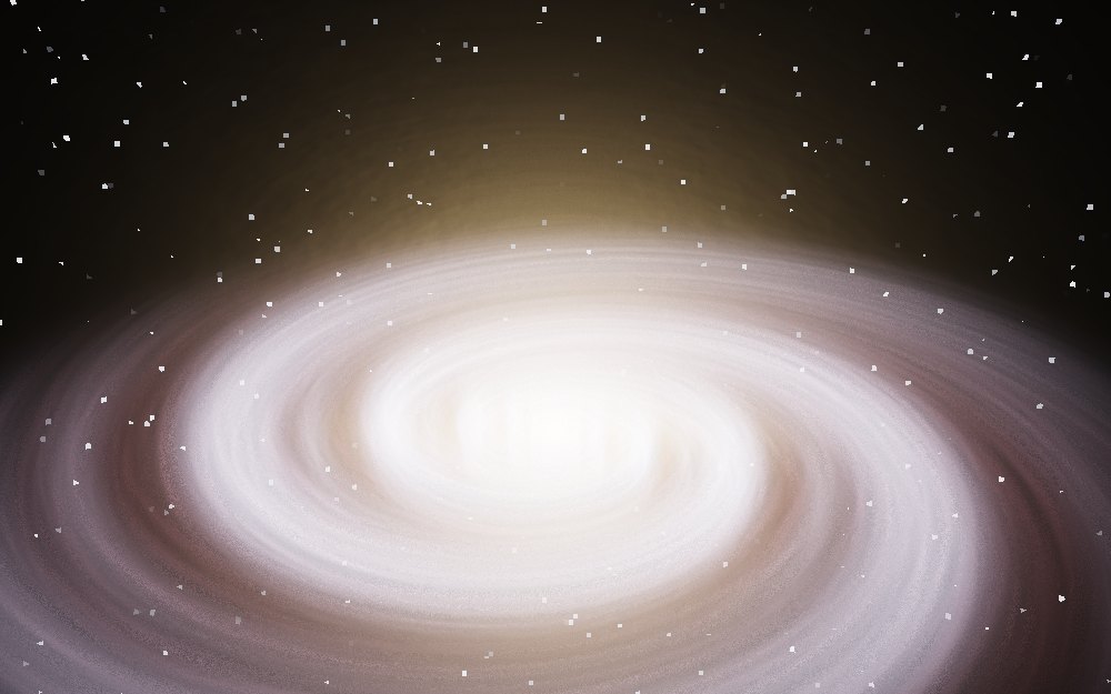Galaxy in mojulo's live world — A structurally honest Milky Way — bar, logarithmic spiral arms, exponential disk, and real dust lanes — rendered as a true emission-and-absorption volume, not a scatter of sprites.