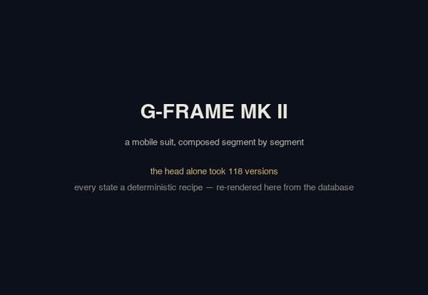 A coding agent sculpts a g-frame over eight days — the chest up to its first keel, then the head on its own through 118 versions, then an arm and a leg built away from the body part by part, and only then the assembly, where each finished segment is attached to the torso and resized to fit; every frame re-rendered from the stored recipe
