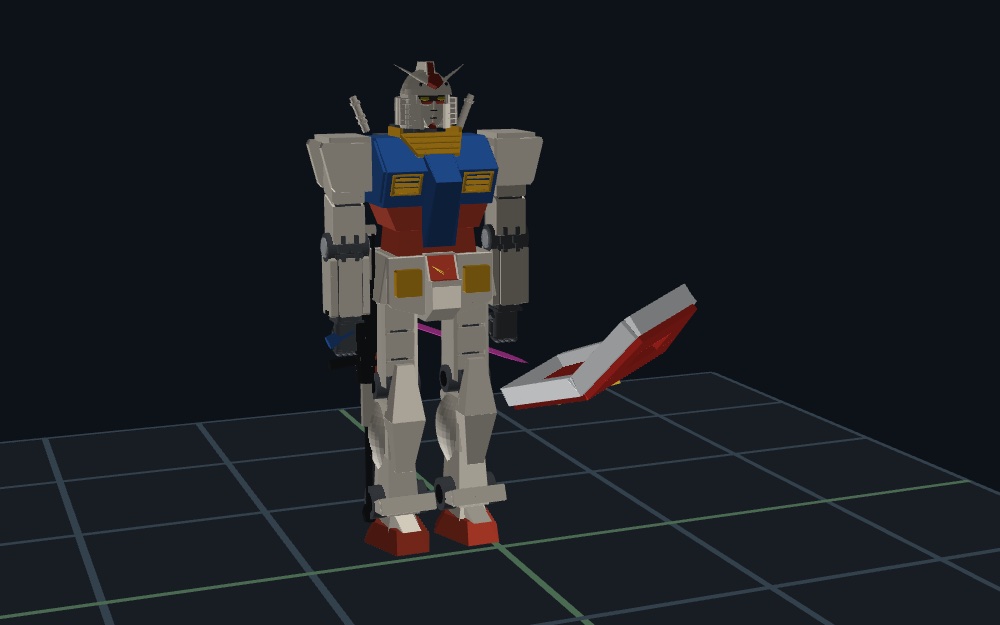 A humanoid g-frame mk II standing in mojulo's live world: a blue and red chest over a white frame, a crested head, panelled arms and legs, a forearm shield held at its side