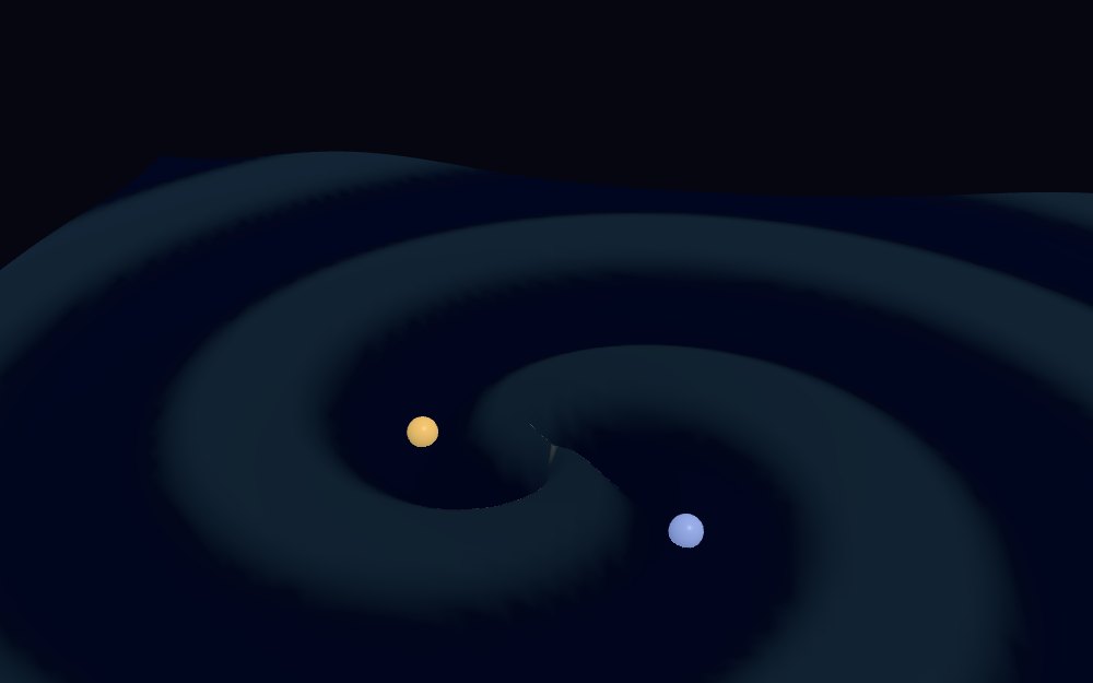 Gravitational Waves in mojulo's live world — Two compact masses spiral together on a live spacetime membrane: the chirp, the merger, and the ringdown of a gravitational-wave event, with the strain rendered as geometry you can orbit.