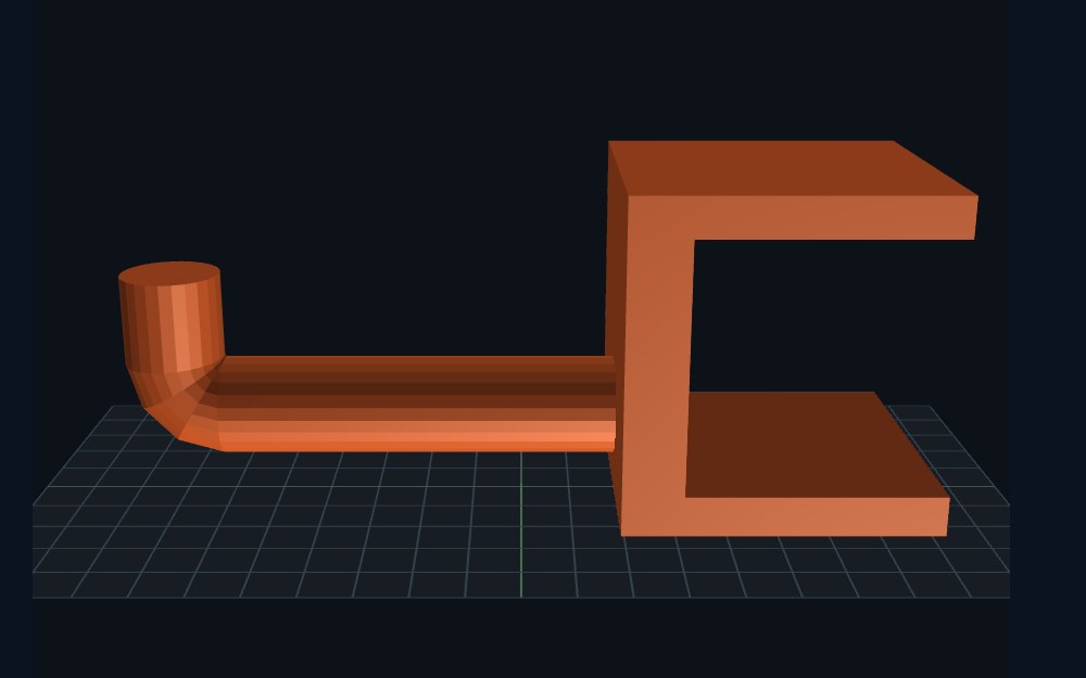 A desk-edge headphone hook in mojulo's shaded view: an orange C-shaped clamp with a swept arm curling up at the front