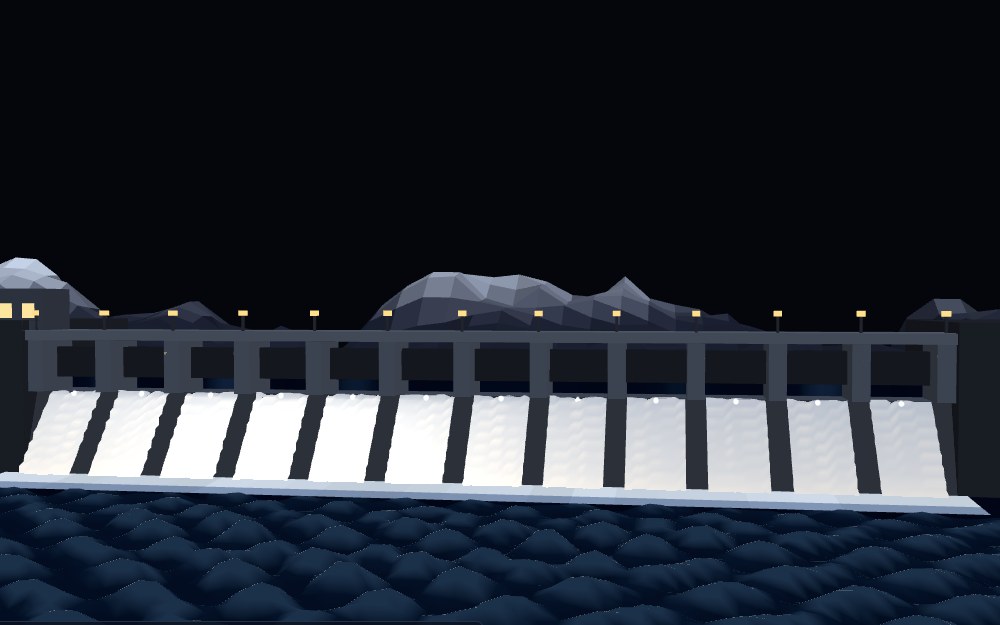 A hydroelectric dam's spillway in flood on a moonless night in mojulo's live world: twelve gates each shedding a white veil of water under warm crest lights, a ridge behind