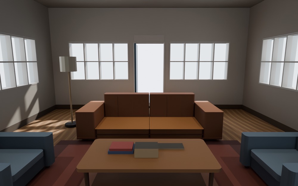 Cycles render of the lounge after the kernel fix: the sofa faces the television wall