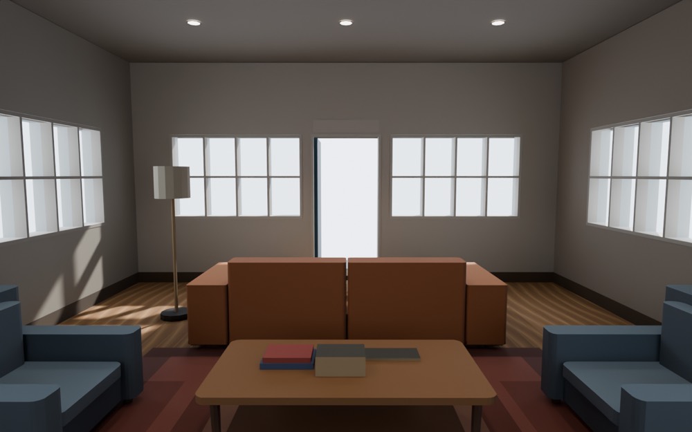 Cycles render of the lounge seen from the television wall: the sofa shows its back to the screen