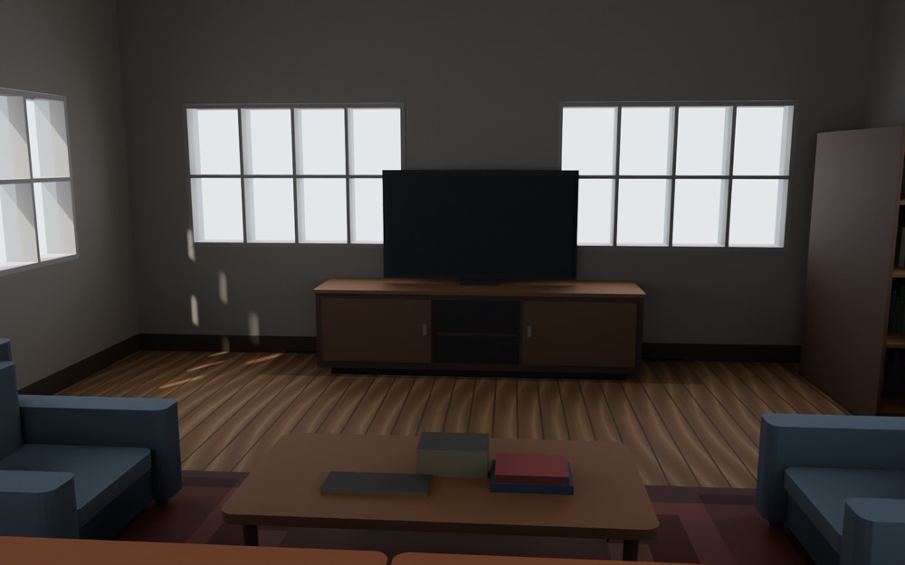 Cycles render of the lounge before pot lights: a plain ceiling
