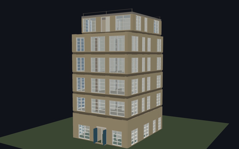 A six-storey Paris apartment building in mojulo's live world: a stone street level with paired doors, four floors of French windows, a set-back penthouse and a railed roof terrace