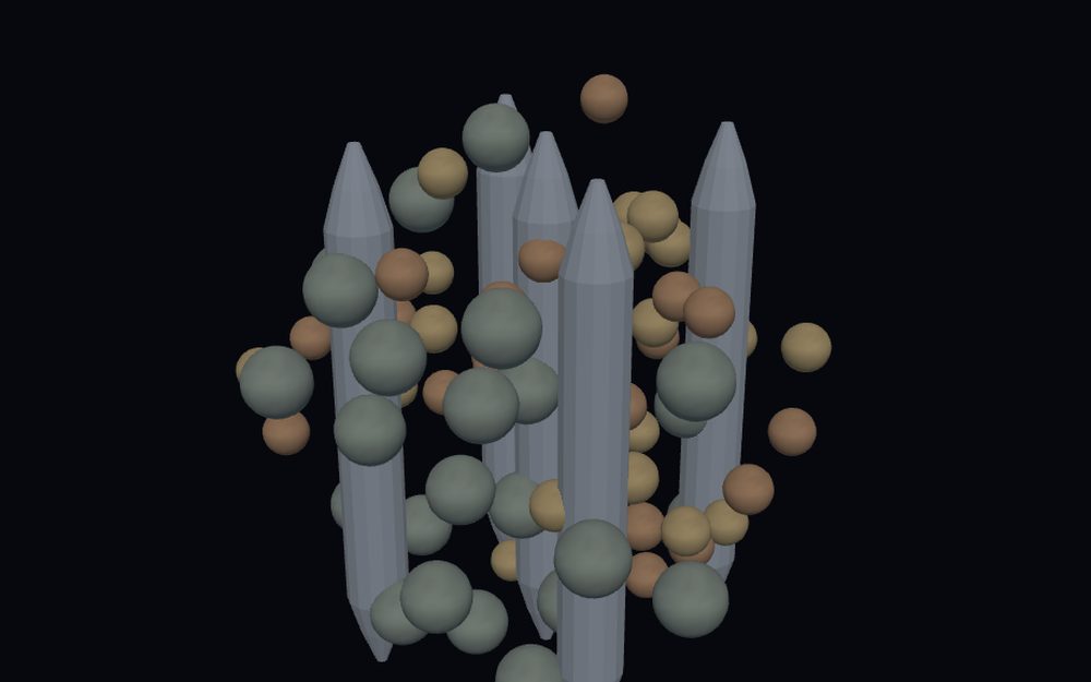 A reactor core in mojulo's live world: a lattice of fuel nuclei between tall control rods, with the neutrons of a chain reaction in flight