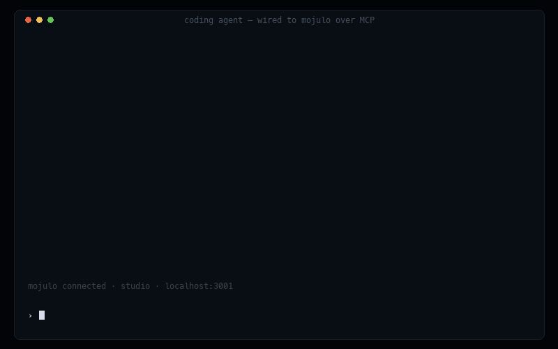 A coding agent asks mojulo for a yellow spider-tank built in three segments, then bends the legs at the knee, whitens the camera head and lowers the abdomen, each edit re-minting only its segment