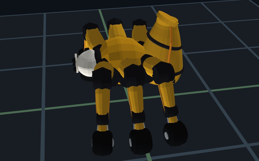 A yellow worker robot spider-tank in mojulo's shaded view: six wheeled legs bent at the knee, an upright rear tank, a white three-dot camera head