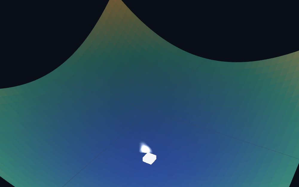 3D Surface Plot in mojulo's live world — The graph of z = f(x, y) as a landscape you can traverse, with a ball that rolls downhill along the negative gradient and traces its path — so critical points become terrain and optimisation becomes a ball finding the bottom of a basin.
